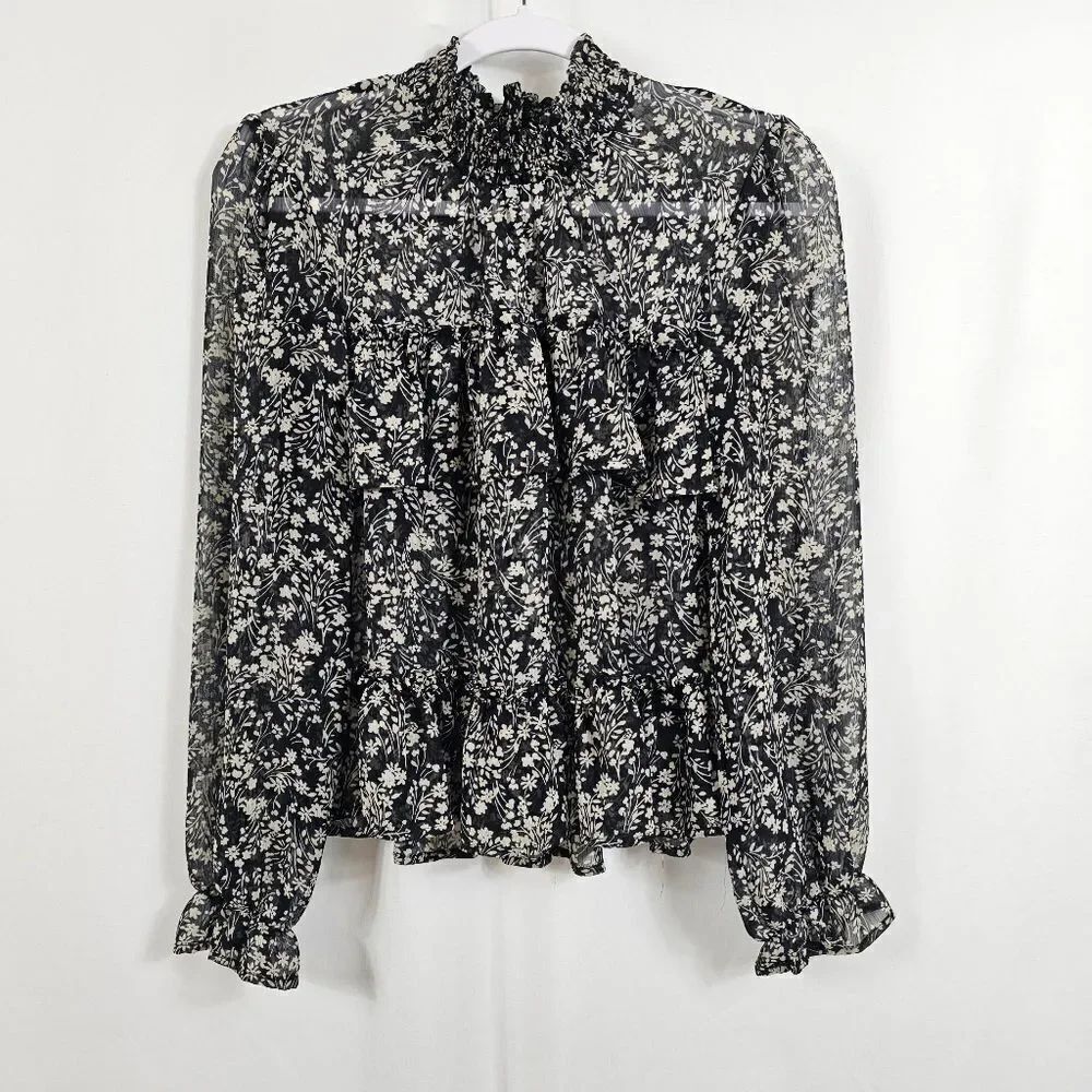 Lulus Simple Serenity Black Floral Print Ruffled Top in Black - Size S